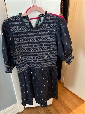 Hill House Navy Smocked Mini Dress with Pink Floral Embroidery